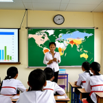 **Image Prompt:** A classroom in Thailand. Students are actively participating in a lesson about climate change. The teacher uses colorful infographics and a projection screen showing a graph depicting rising global temperatures. Some students are working on group projects, building small models demonstrating renewable energy solutions. The atmosphere is engaging and collaborative. Focus on the hopeful and empowering aspects of climate education.