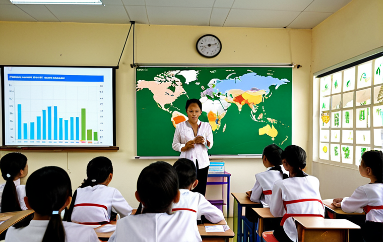 **Image Prompt:** A classroom in Thailand. Students are actively participating in a lesson about climate change. The teacher uses colorful infographics and a projection screen showing a graph depicting rising global temperatures. Some students are working on group projects, building small models demonstrating renewable energy solutions. The atmosphere is engaging and collaborative. Focus on the hopeful and empowering aspects of climate education.