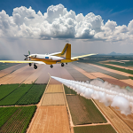 Aerial view of rain seeding operation in Thailand, featuring a Royal Rainmaking Project aircraft spreading chemicals over clouds, aiming to alleviate drought conditions in agricultural areas. Focus on the contrast between the dry land and the hopeful rain clouds.
