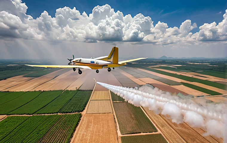Aerial view of rain seeding operation in Thailand, featuring a Royal Rainmaking Project aircraft spreading chemicals over clouds, aiming to alleviate drought conditions in agricultural areas. Focus on the contrast between the dry land and the hopeful rain clouds.