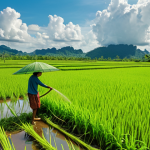 A vibrant, lush green rice paddy field in rural Thailand, thriving under a clear sky with strategically forming clouds. A gentle, controlled rainfall is visible, nourishing the crops. Happy Thai farmers are tending to their fields, their faces reflecting relief and prosperity. The scene is bathed in warm, optimistic sunlight, conveying abundance and stability. Realistic, detailed, wide shot.