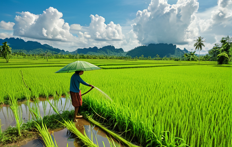A vibrant, lush green rice paddy field in rural Thailand, thriving under a clear sky with strategically forming clouds. A gentle, controlled rainfall is visible, nourishing the crops. Happy Thai farmers are tending to their fields, their faces reflecting relief and prosperity. The scene is bathed in warm, optimistic sunlight, conveying abundance and stability. Realistic, detailed, wide shot.
