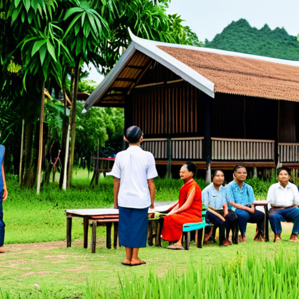 **

"A diverse group of people participating in a community meeting in a rural Thai village, discussing climate change solutions, fully clothed, appropriate attire, safe for work, perfect anatomy, natural proportions, professional photography, bright daylight, modest dress, family-friendly. The focus is on collaborative problem-solving regarding environmental issues and sustainable practices, displaying a hopeful and positive atmosphere. Background includes traditional Thai houses and lush greenery."

**