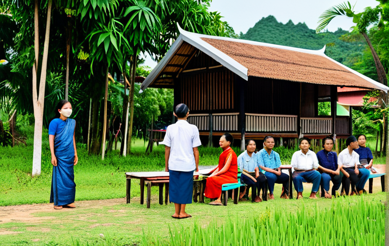 **

"A diverse group of people participating in a community meeting in a rural Thai village, discussing climate change solutions, fully clothed, appropriate attire, safe for work, perfect anatomy, natural proportions, professional photography, bright daylight, modest dress, family-friendly. The focus is on collaborative problem-solving regarding environmental issues and sustainable practices, displaying a hopeful and positive atmosphere. Background includes traditional Thai houses and lush greenery."

**