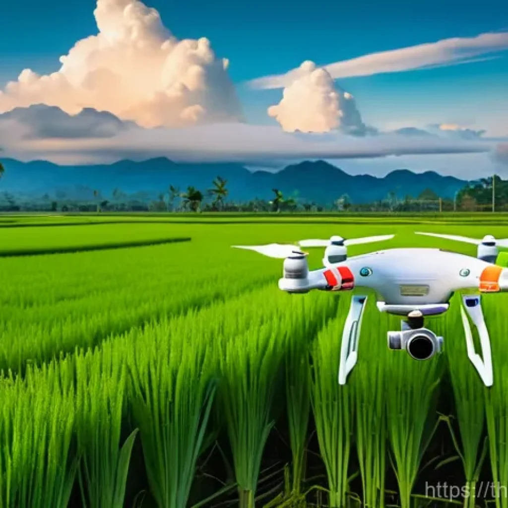 기상조절 연구에서의 신규 연구 방향 - A futuristic drone, sleek and white with subtle blue lights, precisely releasing cloud seeding agent...