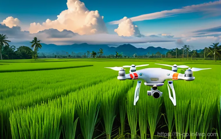 기상조절 연구에서의 신규 연구 방향 - A futuristic drone, sleek and white with subtle blue lights, precisely releasing cloud seeding agent...
