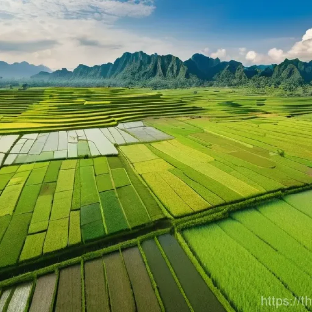 기상조절 기술의 적용 사례 분석 - **Prompt:** "A breathtaking aerial view of vibrant green rice paddies stretching across a serene rur...