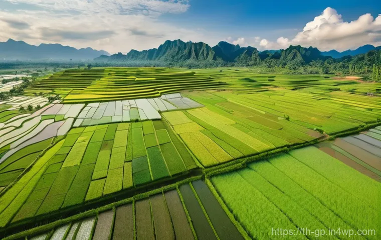 기상조절 기술의 적용 사례 분석 - **Prompt:** "A breathtaking aerial view of vibrant green rice paddies stretching across a serene rur...