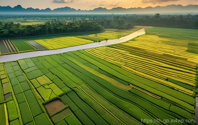 기상조절 연구에서의 사례 연구 분석 - A serene aerial view of a lush green agricultural landscape in Northeastern Thailand after a success...