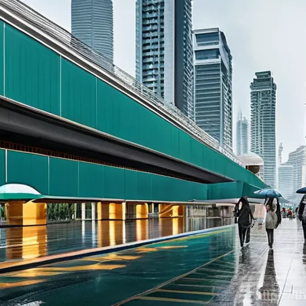 기상조절 연구의 향후 연구 방향 - **Prompt:** A sprawling, modern cityscape with architectural elements inspired by traditional Thai d...