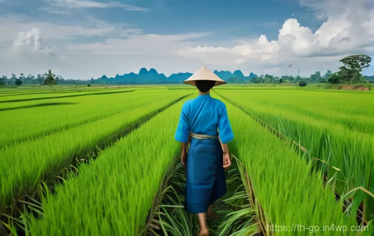 기상조절 기술의 대중 인식 변화 - "A picturesque aerial view of lush, verdant rice fields in rural Thailand, glistening under a sky cl...
