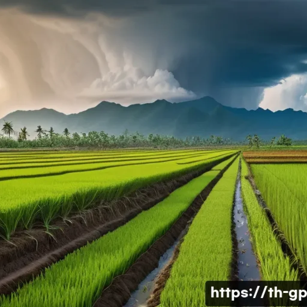 기상조절 기술의 위험성과 주의사항 - A detailed landscape depicting a Southeast Asian rural farmland experiencing the effects of climate ...