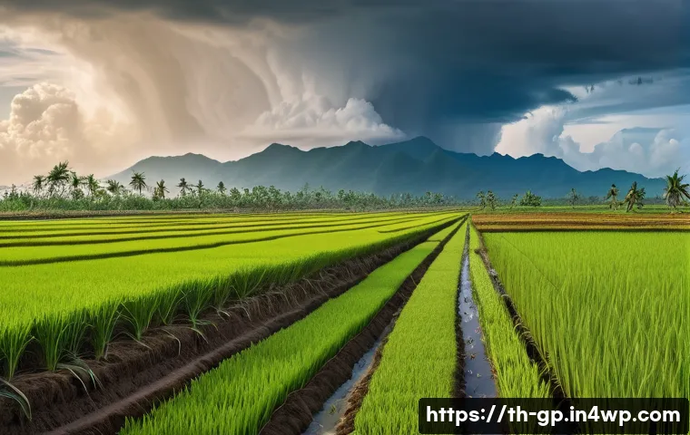 기상조절 기술의 위험성과 주의사항 - A detailed landscape depicting a Southeast Asian rural farmland experiencing the effects of climate ...