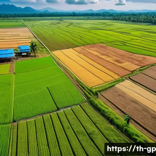 기상조절 연구에서의 기후 변화 적응 전략 - A detailed aerial view of a Thai agricultural landscape during the dry season, featuring drones flyi...