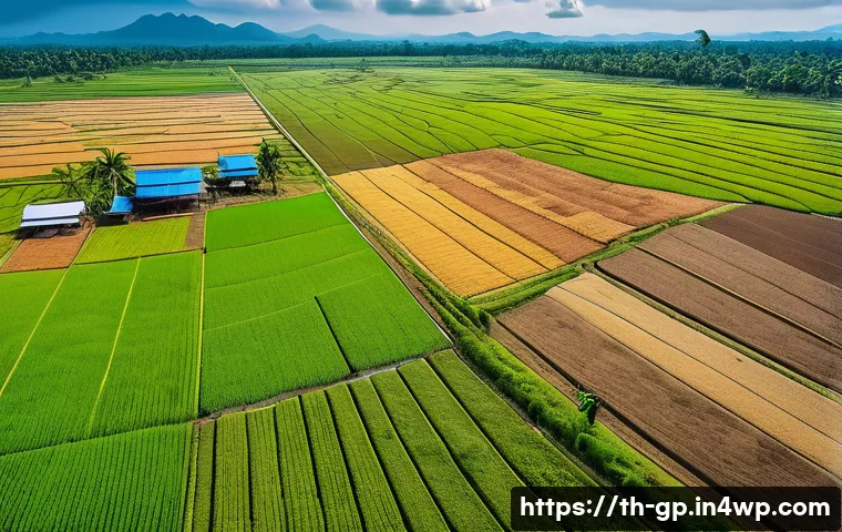 기상조절 연구에서의 기후 변화 적응 전략 - A detailed aerial view of a Thai agricultural landscape during the dry season, featuring drones flyi...